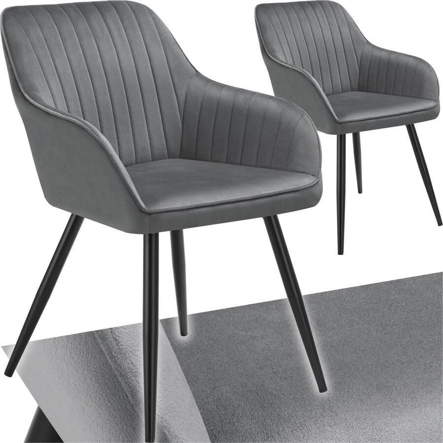 Tectake Fluwelen stoel met gestikt patroon Set van 2 Eetkamerstoel in fluweelstof Moderne fauteuil Woonkamer eetkamer lounge of kaptafelstoel Div. kleuren Grijs zwart