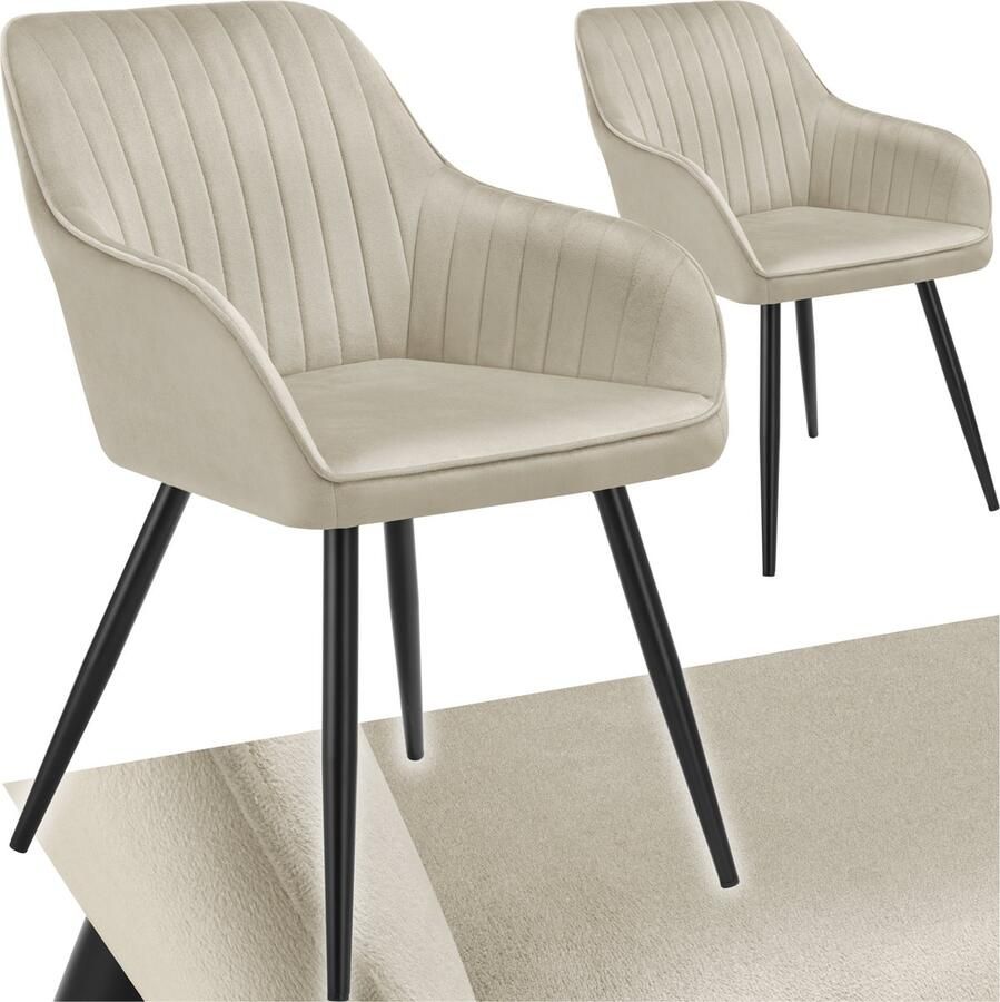 Tectake Fluwelen stoel met gestikt patroon Set van 2 Eetkamerstoel in fluweelstof Moderne fauteuil Woonkamer eetkamer lounge of kaptafelstoel Div. kleuren Crème zwart