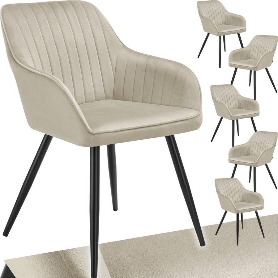 Tectake Fluwelen stoel met gestikt patroon Set van 6 Eetkamerstoel in fluweelstof Moderne fauteuil Woonkamer eetkamer lounge of kaptafelstoel Div. kleuren Crème zwart