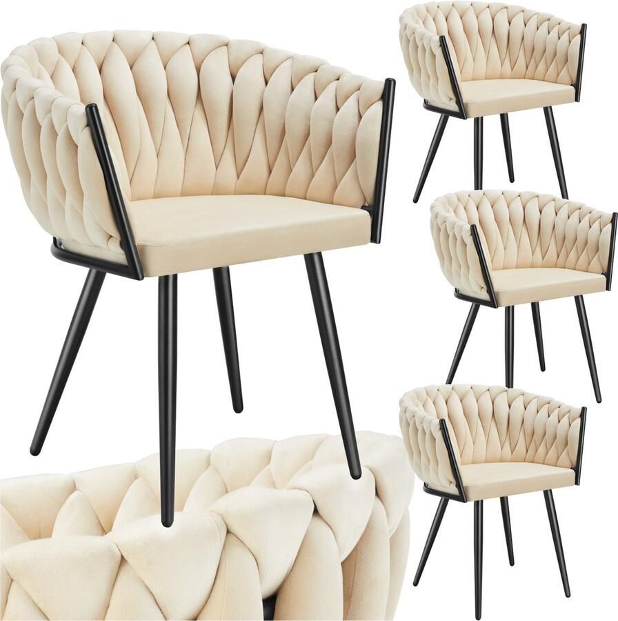 Tectake Set van 4 Fluwelen eetkamerstoelen Kuipstoel met armleuning in knooplook Eetkamerstoel Moderne eetkamerstoel voor woonkamer en eetkamer Keukenstoel Kaptafelstoel Slaapkamerstoel kleuren Zandkleur - Foto 2