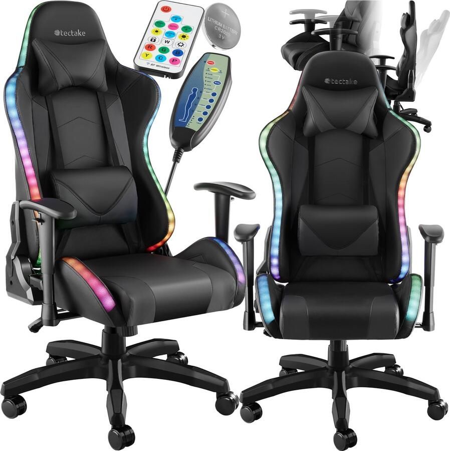 Tectake Gamingstoel met massagefunctie Bureaustoel met LED-lichteffecten Draaistoel voor gamers Gamestoel Draagvermogen tot 120kg Zwart Zwart