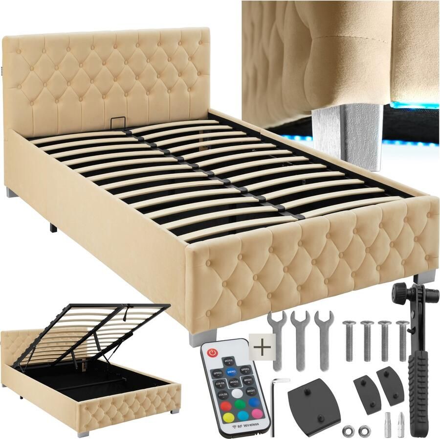 Tectake Gestoffeerd bed met lattenbodem 120 x 200 cm Beige Twijfelaar Bedframe met opbergruimte en LED strip Inclusief afstandsbediening Eenvoudige montage