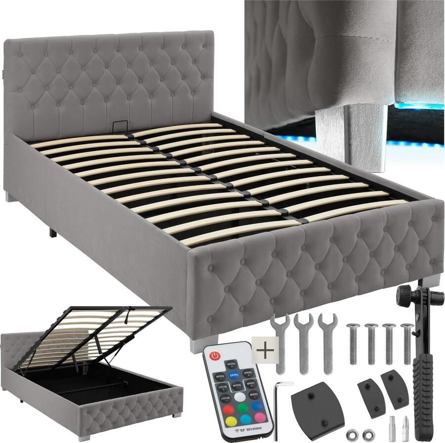 Tectake Gestoffeerd bed met lattenbodem 120 x 200 cm Donkergrijs Twijfelaar Bedframe met opbergruimte en LED strip Inclusief afstandsbediening Eenvoudige montage