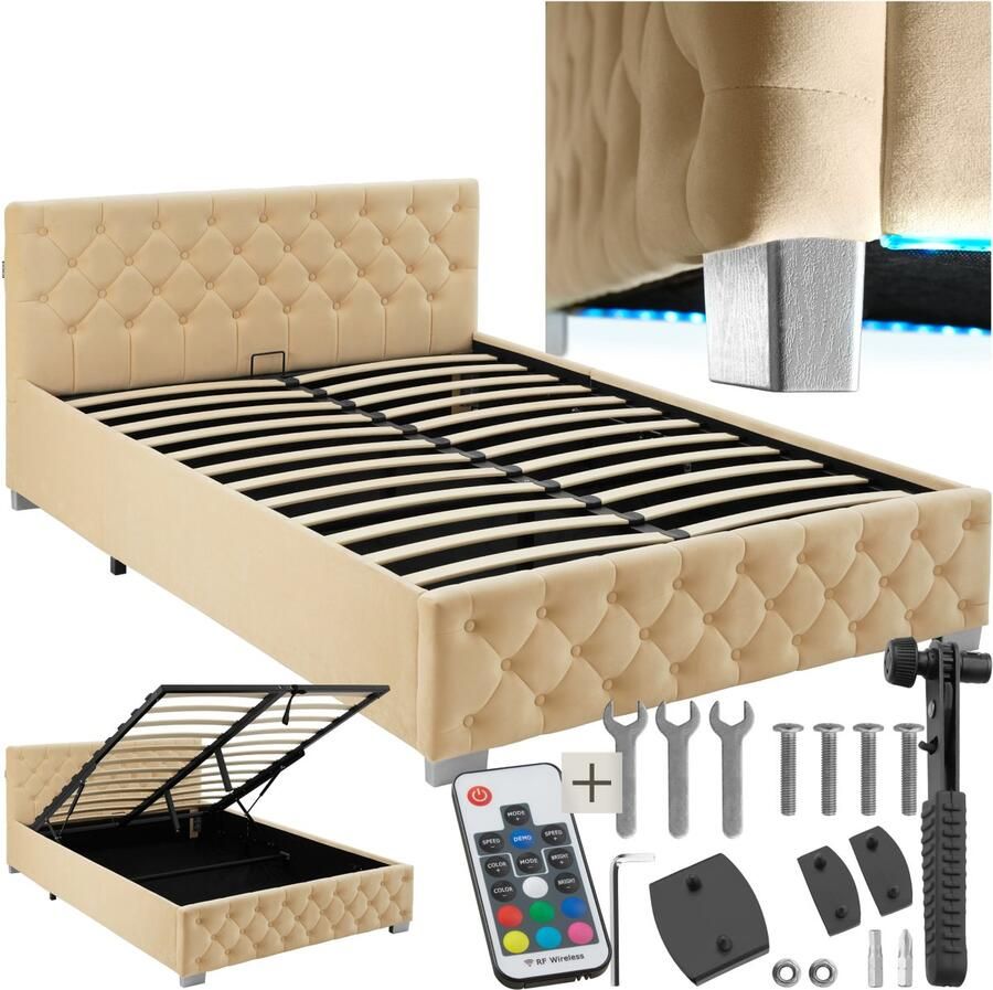 Tectake Gestoffeerd bed met lattenbodem 140 x 200 cm Beige Twijfelaar Bedframe met opbergruimte en LED strip Inclusief afstandsbediening Eenvoudige montage