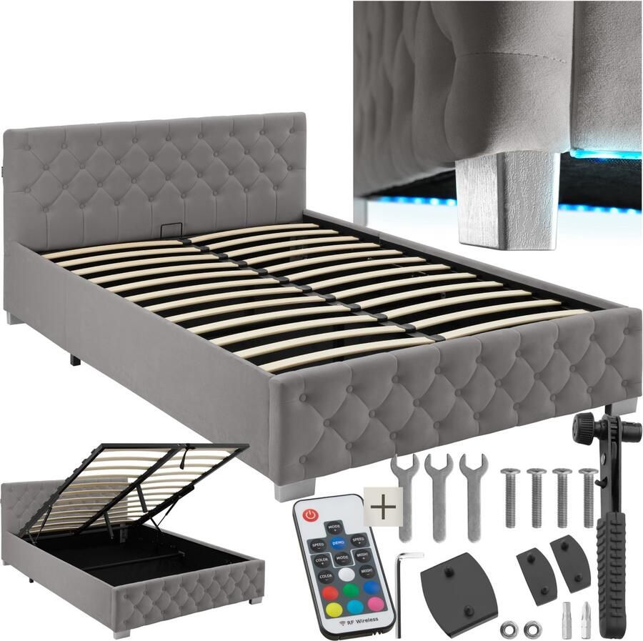 Tectake Gestoffeerd bed met lattenbodem 140 x 200 cm Donkergrijs Twijfelaar Bedframe met opbergruimte en LED strip Inclusief afstandsbediening Eenvoudige montage
