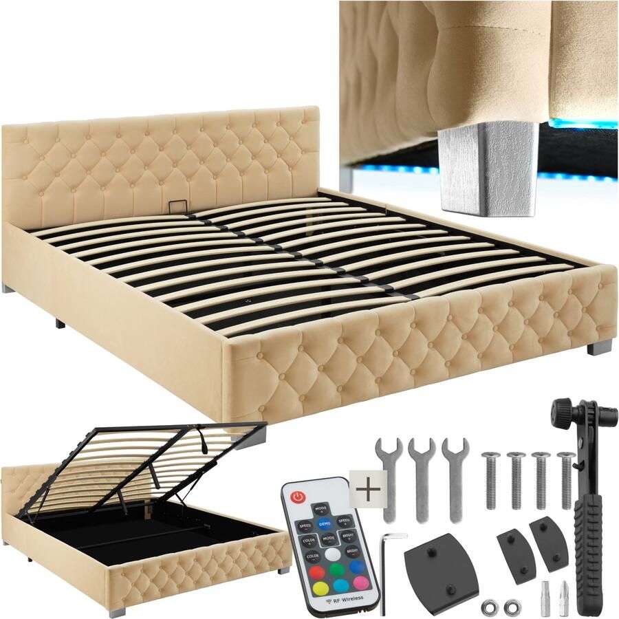 Tectake Gestoffeerd bed met lattenbodem 180 x 200 cm Beige Tweepersoonsbed Bedframe met opbergruimte en LED strip Inclusief afstandsbediening Eenvoudige montage