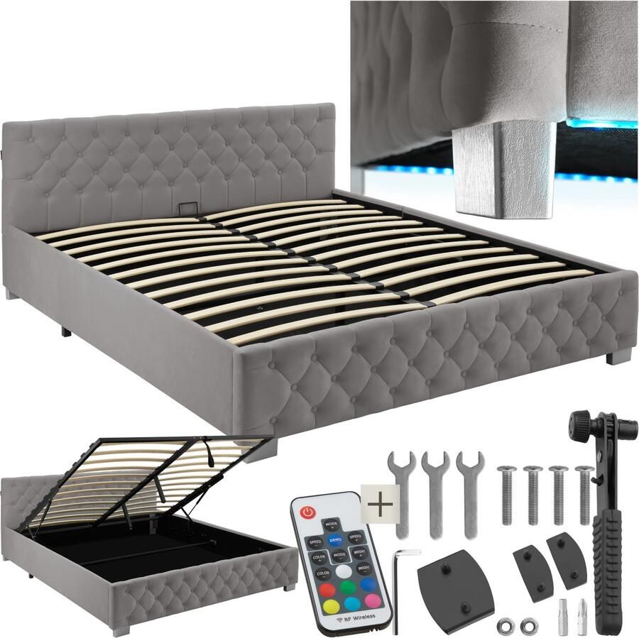 Tectake Gestoffeerd bed met lattenbodem 180 x 200 cm Donkergrijs Tweepersoonsbed Bedframe met opbergruimte en LED strip Inclusief afstandsbediening Eenvoudige montage