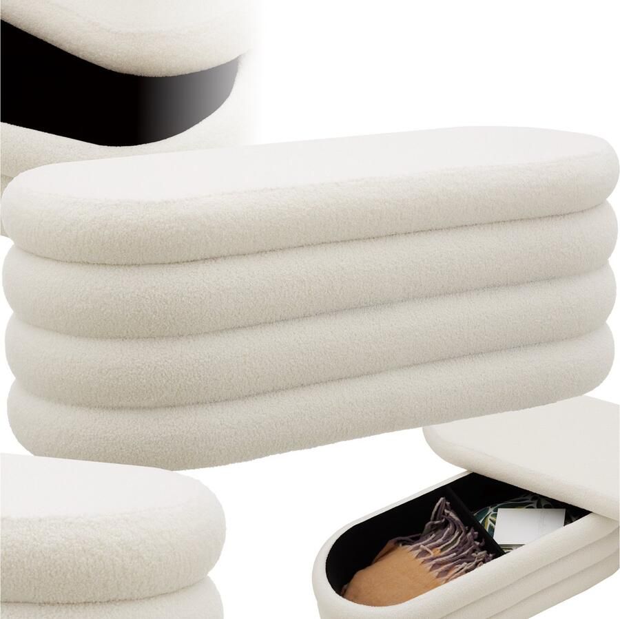 Tectake Gestoffeerde bank met opbergruimte – Stijlvolle en praktische poef voor woonkamer hal of slaapkamer Scandinavisch design Comfort en functionaliteit in één meubelstuk Boucle Beige