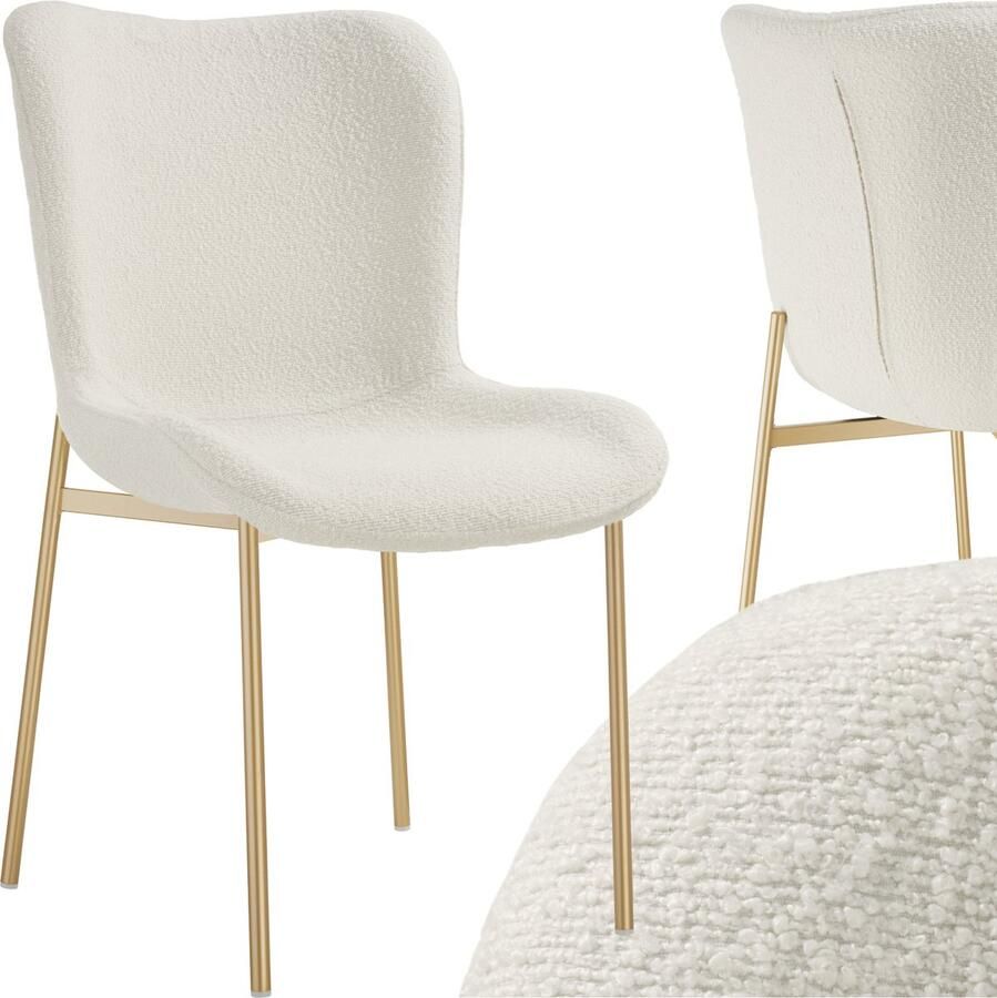 Tectake Gestoffeerde stoel Bouclé schelpzitstoel voor keuken Fauteuil voor kaptafel Elegante eetkamerstoel of woonkamerstoel wit goud Div. kleuren