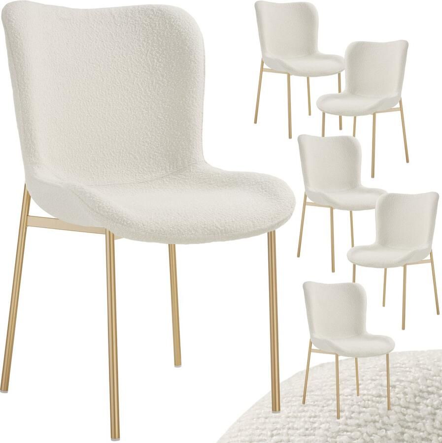 Tectake 6 x gestoffeerde stoel Bouclé schelpzitstoel voor keuken- of eettafel Fauteuil voor kaptafel of cocktailstoel als elegante eetkamerstoel of woonkamerstoel wit goud