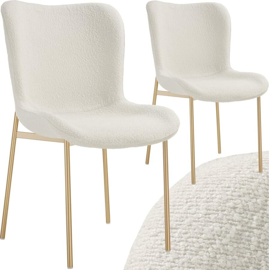 Tectake 2 x gestoffeerde stoel Bouclé schelpzitstoel voor keuken eettafel fauteuil voor kaptafel of cocktailstoel als elegante eetkamerstoel of woonkamerstoel voor elegant tafelen wit goud