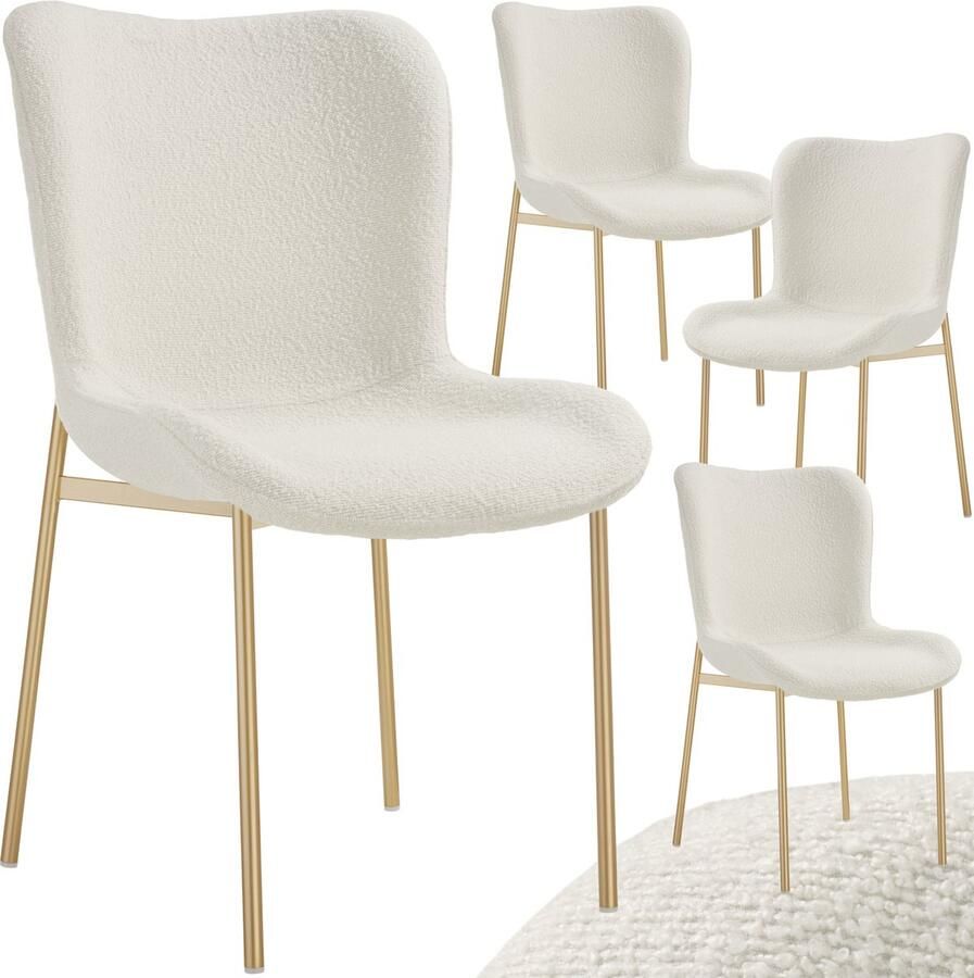 Tectake 4 x gestoffeerde stoel Bouclé schelpzitstoel voor keuken eettafel fauteuil voor kaptafel of cocktailstoel als elegante eetkamerstoel of woonkamerstoel voor elegant tafelen wit goud