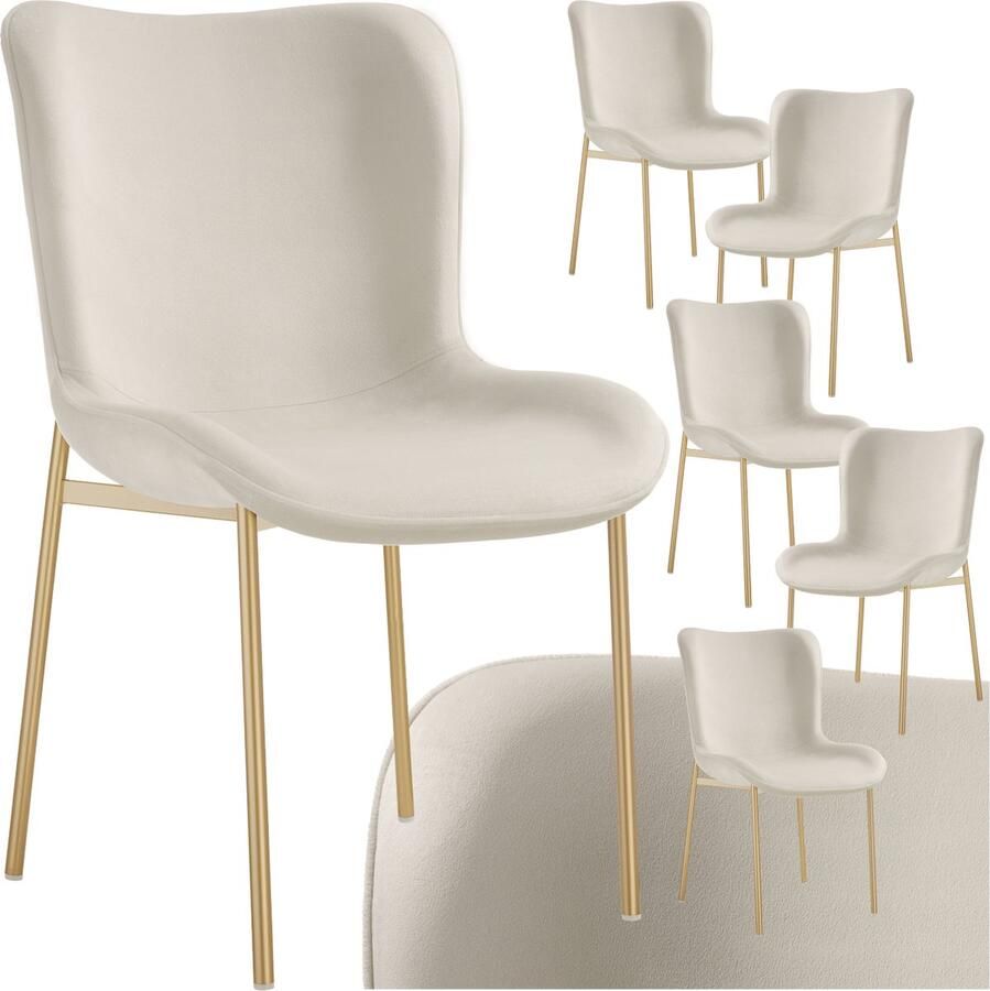 Tectake Gestoffeerde stoel Eetkamerstoel Fluweellook Ergonomische vorm Hoge rugleuning Draagkracht 120 kg kleuren Set van 6 Beige goud