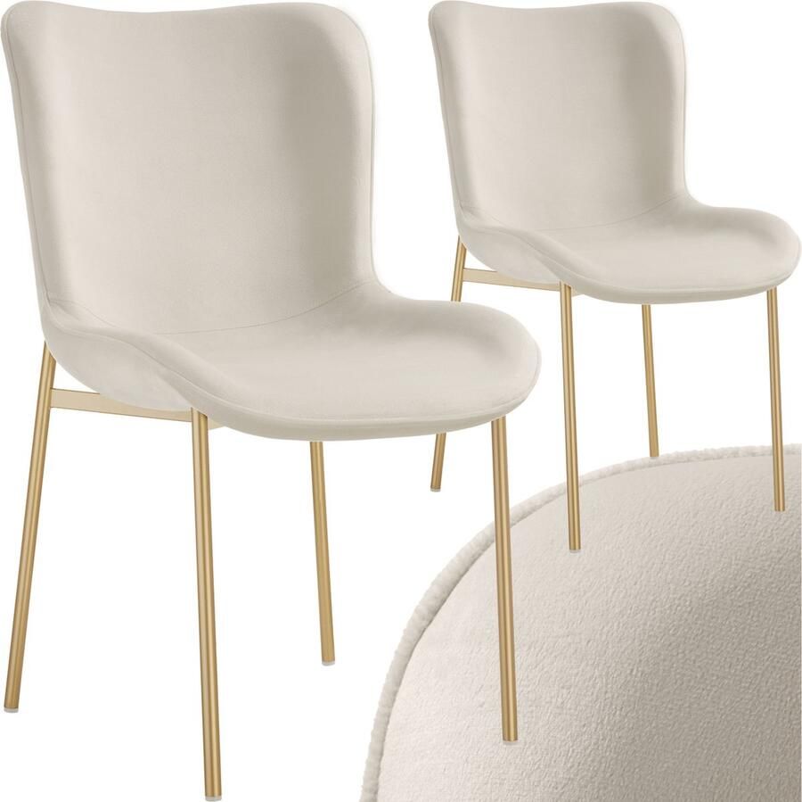 Tectake Gestoffeerde stoel Eetkamerstoel Fluweellook Ergonomische vorm Hoge rugleuning Draagkracht 120 kg kleuren Set van 2 Beige goud