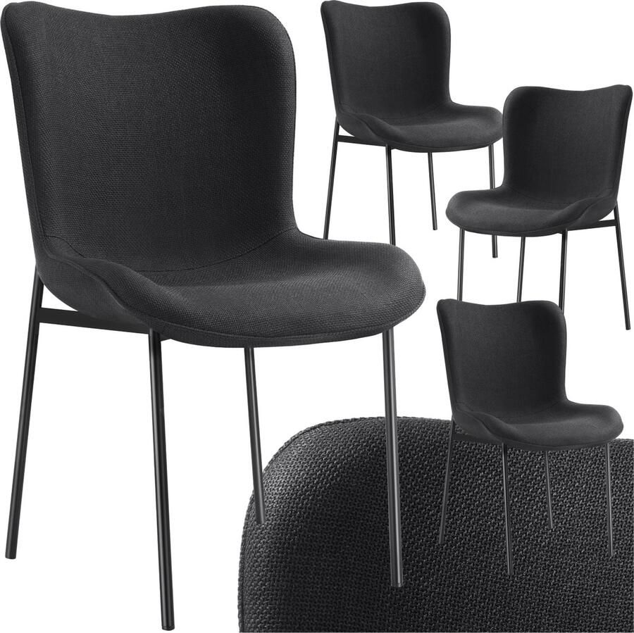 Tectake 4x Gestoffeerde stoel Eetkamerstoel Geweven stof Ergonomische vorm Hoge rugleuning Draagkracht 120 kg zwart zwart Div. kleuren 4 stuks