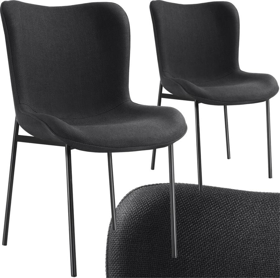 Tectake 2 x Gestoffeerde stoel eetkamerstoel geweven stof ergonomische vorm hoge rugleuning Draagkracht 120 kg div kleuren (zwart zwart) 2 stuks