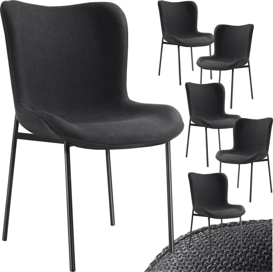 Tectake 6x Gestoffeerde stoel eetkamerstoel geweven stof ergonomische vorm hoge rugleuning Draagkracht 120 kg div kleuren (zwart zwart) 6 stuks