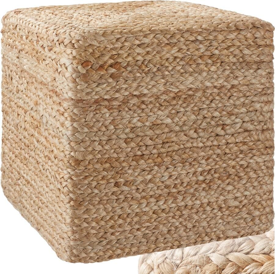 Tectake Handgemaakte Poef Banno Cube – Vierkante Jute Zithocker in Boho-Stijl – Comfortabele Voetenbank met Duurzame Vulling – 40 x 40 x 41 cm – Max. 150 kg
