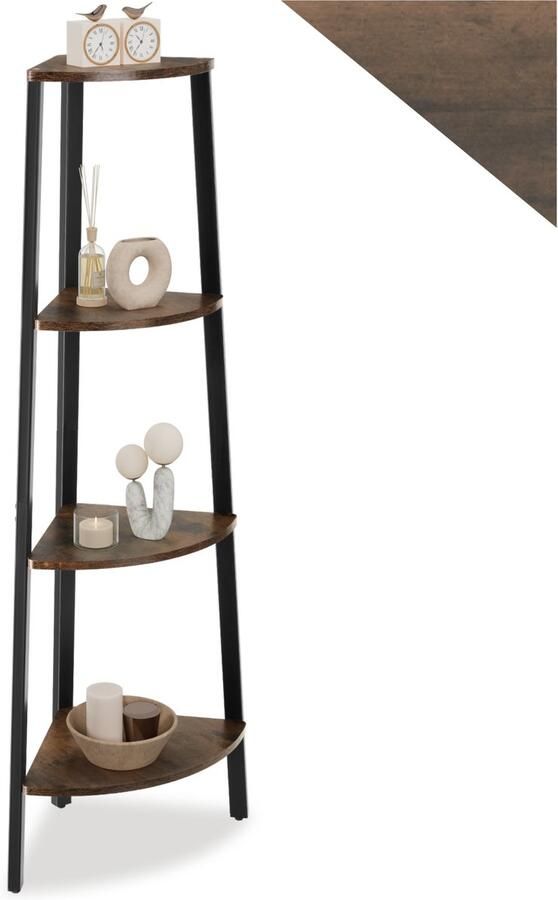 Tectake Hoekkast met 4 lagen van hout Industrieel design Boekenkast Afmetingen (LxBxH) 34 x 34 x 125 cm Ladderkast voor woonkamer keuken kantoor hal Zwart metalen frame Donkerbruin - Foto 2