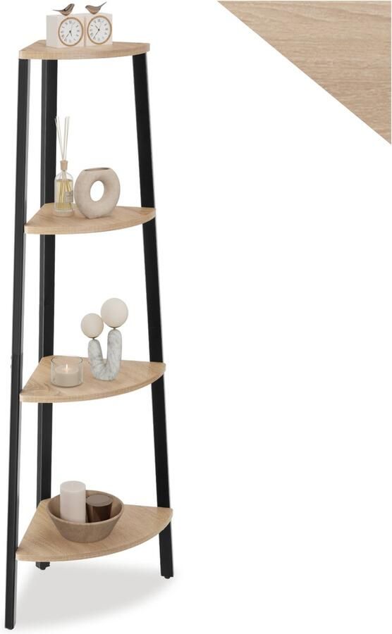 Tectake Hoekkast met 4 lagen van hout Industrieel design Boekenkast Afmetingen (LxBxH) 34 x 34 x 125 cm Ladderkast voor woonkamer keuken kantoor hal Zwart metalen frame Lichtbruin - Foto 2