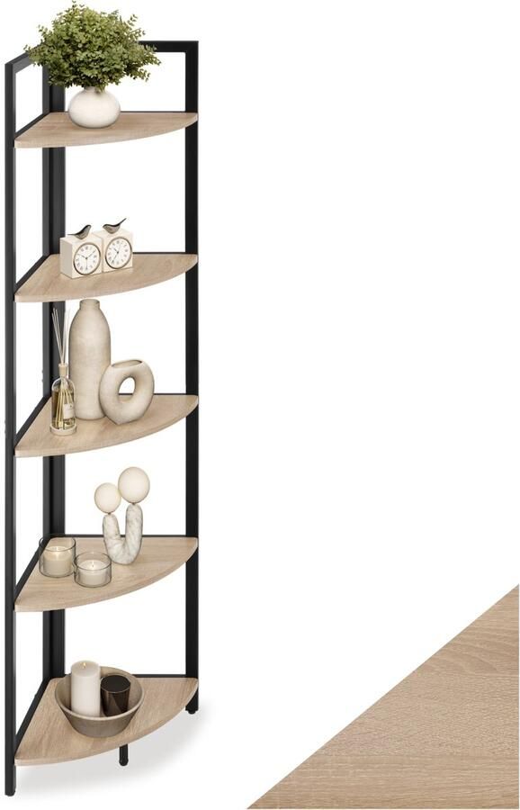 Tectake Hoekkast met 5 lagen van hout Industrieel design Boekenkast Afmetingen (LxBxH) 34 x 34 x 150 cm Ladderkast voor woonkamer keuken kantoor hal Zwart metalen frame Lichtbruin - Foto 2