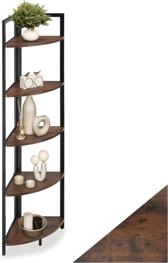 Tectake Hoekkast met 5 lagen van hout Industrieel design Boekenkast Afmetingen (LxBxH) 34 x 34 x 150 cm Ladderkast voor woonkamer keuken kantoor hal Zwart metalen frame Donkerbruin