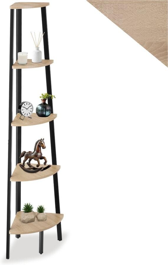 Tectake Hoekkast met 5 lagen van hout Industrieel design Boekenkast Afmetingen (LxBxH) 34 x 34 x 158 5 cm Ladderkast voor woonkamer keuken kantoor hal Zwart metalen frame Lichtbruin - Foto 2