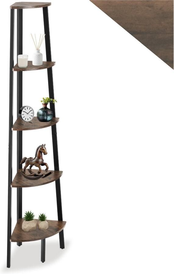 Tectake Hoekkast met 5 lagen van hout Industrieel design Boekenkast Afmetingen (LxBxH) 34 x 34 x 158 5 cm Ladderkast voor woonkamer keuken kantoor hal Zwart metalen frame Donkerbruin - Foto 2