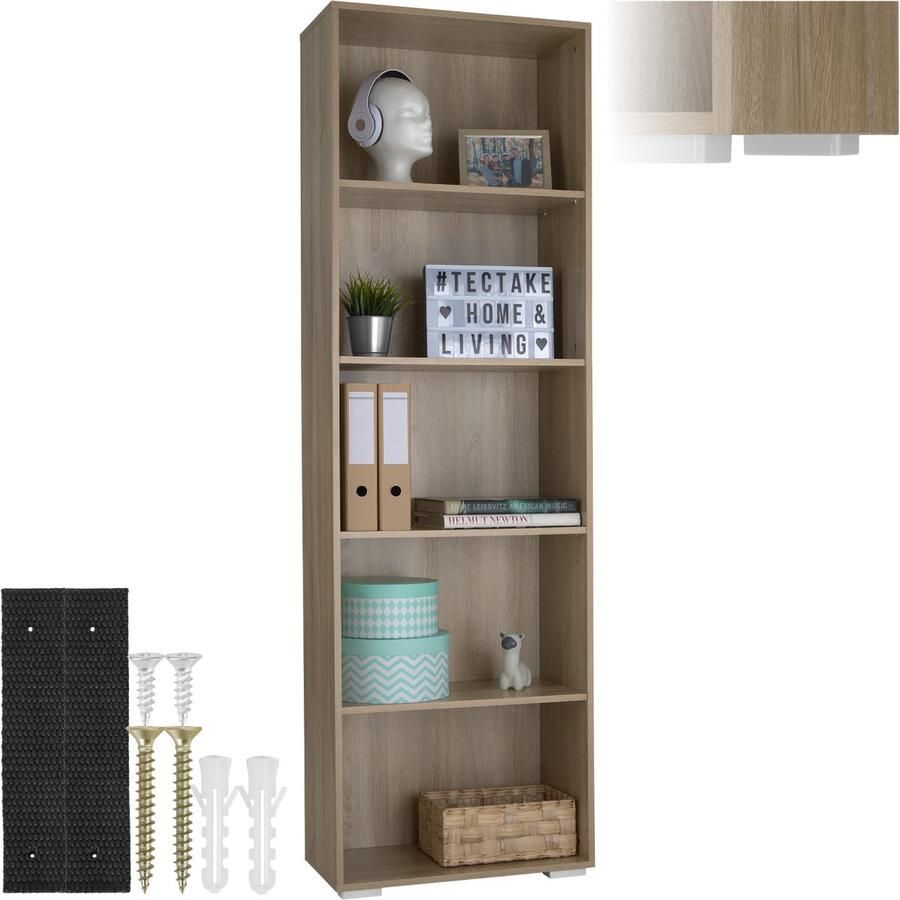 Tectake Houten boekenkast Staande kast met 5 open vakken Vloervriendelijke kunststof pootjes Snelle en eenvoudige montage Maximale belasting 10 kg per vak Afmeting (HxBxD) 190 x 60 x 30 cm Bruin - Foto 2