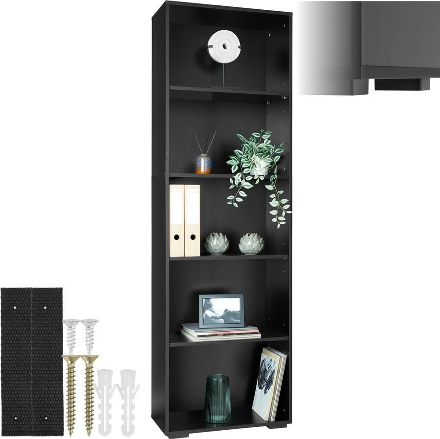 Tectake Houten boekenkast Staande kast met 5 open vakken Vloervriendelijke kunststof pootjes Snelle en eenvoudige montage Maximale belasting 10 kg per vak Afmeting (HxBxD) 190 x 60 x 30 cm Zwart