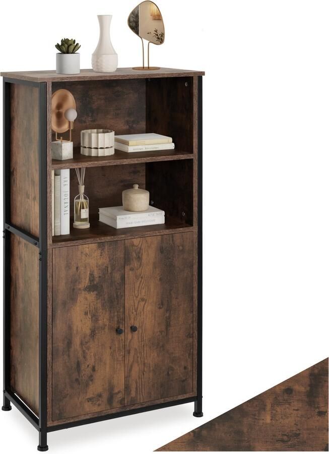 Tectake Houten Wandkast met 2 Vakken en Kast Boekenkast Industrieel Design Highboard Opbergkast voor Woonkamer Keuken Kantoor Zwart Metalen Frame Afmeting (LxBxH) 60x38x125 cm Donkerbruin