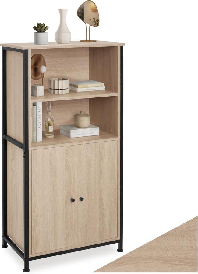Tectake Houten Wandkast met 2 Vakken en Kast Boekenkast Industrieel Design Highboard Opbergkast voor Woonkamer Keuken Kantoor Zwart Metalen Frame Afmeting (LxBxH) 60x38x125 cm Lichtbruin