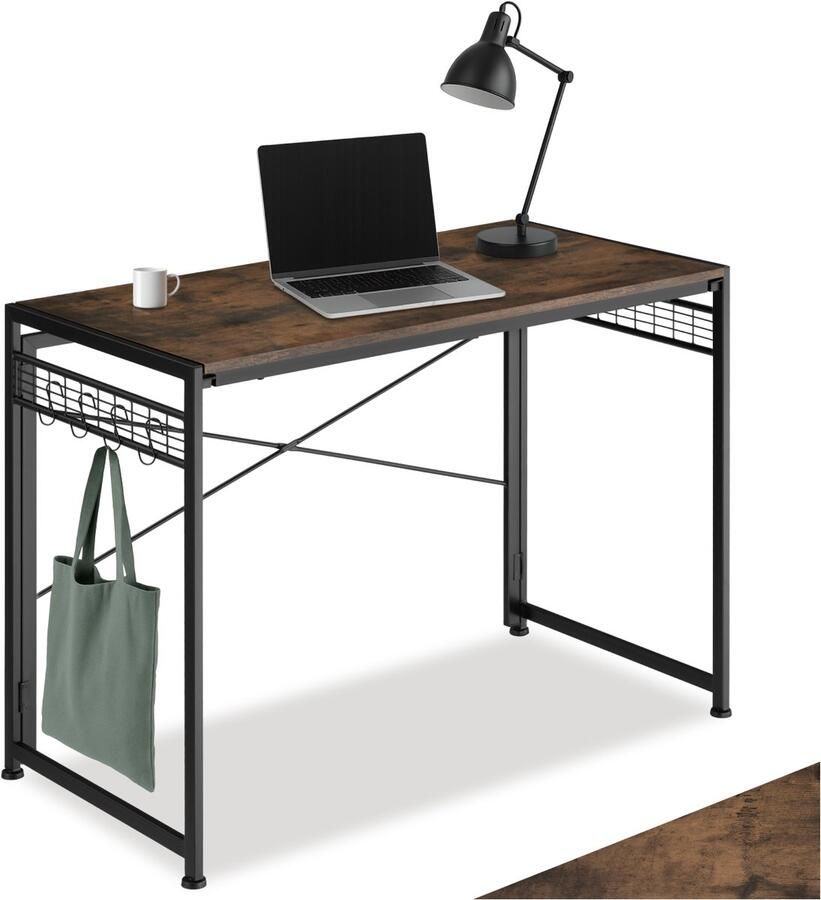 Tectake Inklapbaar bureau Computerbureau met rastervlakken en 8 haken Kantoortafel met houten blad Industrieel design Zwart metalen frame Afmeting (LxBxH) 102 x 51 x 77 cm Donkerbruin