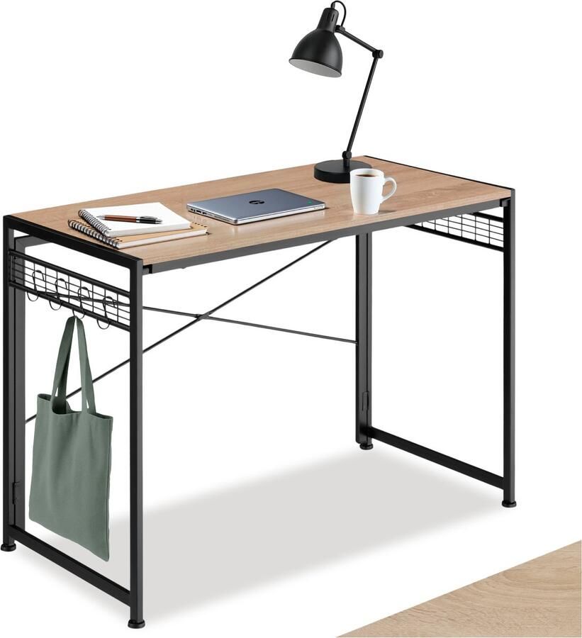 Tectake Inklapbaar bureau Computerbureau met rastervlakken en 8 haken Kantoortafel met houten blad Industrieel design Zwart metalen frame Afmeting (LxBxH) 102 x 51 x 77 cm Lichtbruin