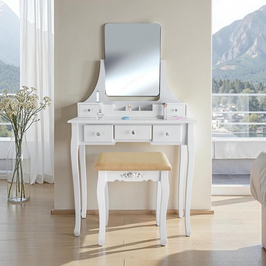 Tectake Kaptafel met Spiegel en Kruk 5 Laden Kaptafel met Afneembaar Cosmeticavak Cosmeticatafel met Gevoerde Kruk Wit - Foto 2