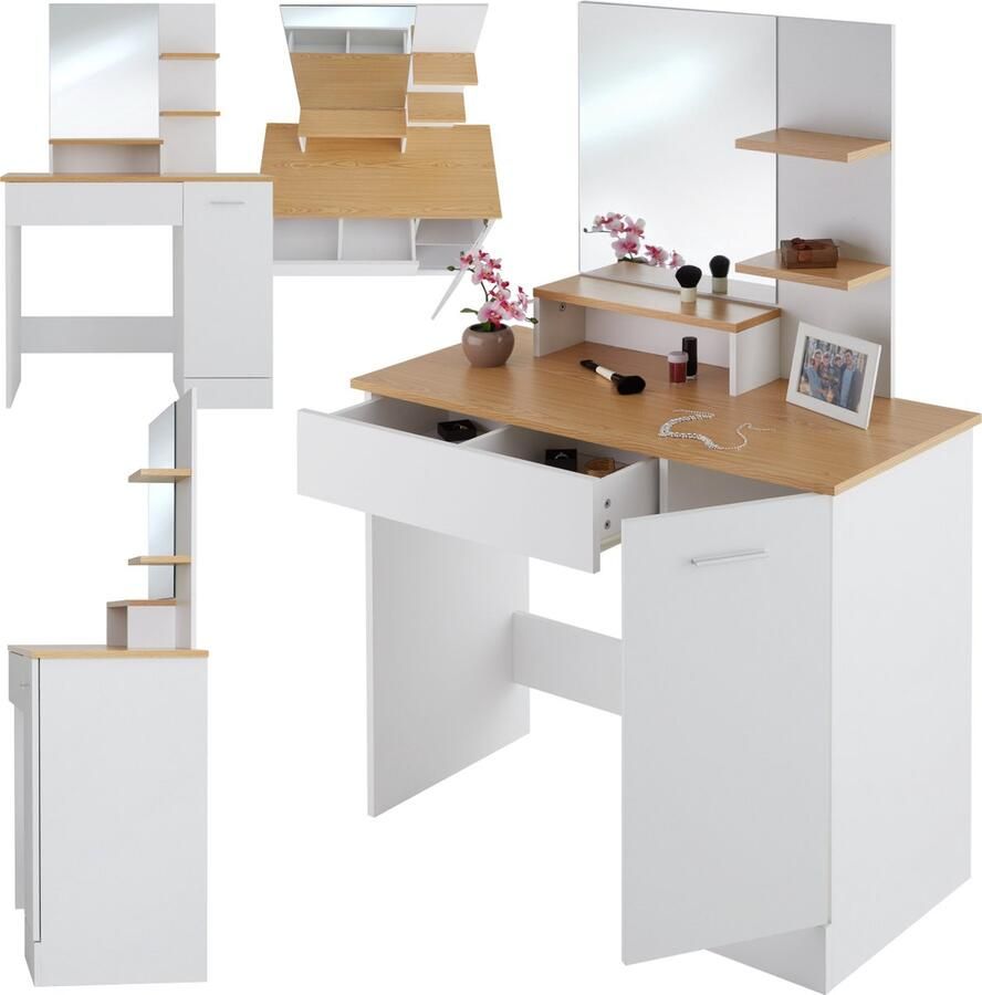 Tectake Kaptafel met spiegel Kaptafel met 3 planken en zijvak met deur Make-uptafel met lade Ideaal voor slaapkamer en tienerkamer Wit met bruin blad - Foto 2