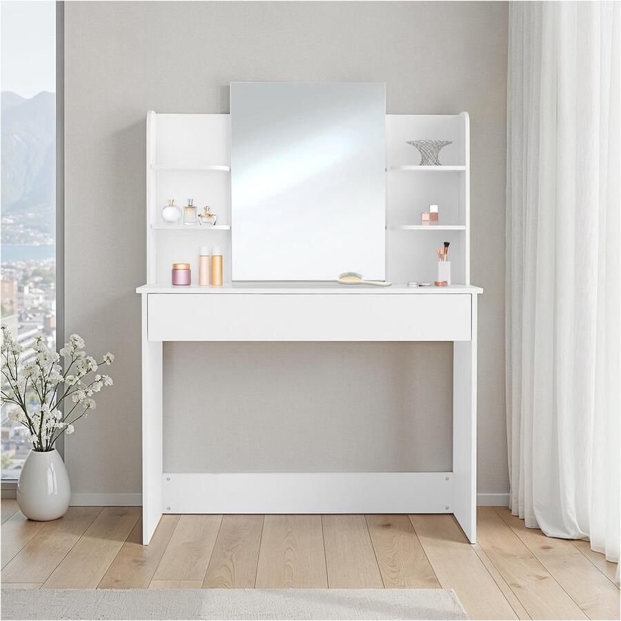 Tectake Kaptafel Wit met Spiegel Moderne Kaptafel met 4 Vakken Cosmeticatafel met Grote Lade en 3 Vakken Voor Woonkamer Slaapkamer en Tienerkamer