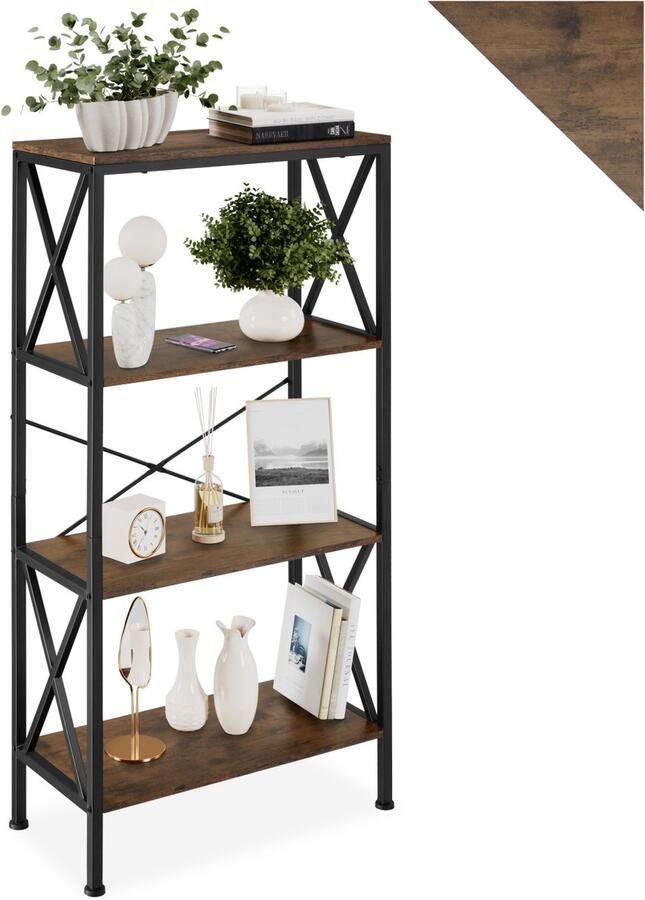 Tectake Kast met 4 Niveaus – Houten Staande Kast met Zijdelingse X-Beugels – 61 5 x 31 5 x 133 5 cm – Industriële Kast voor Woonkamer Kantoor & Keuken – Zwart Metaal Frame donkerbruin - Foto 2