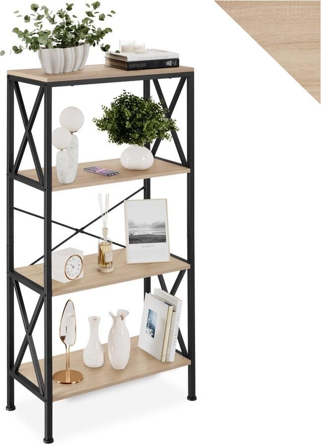 Tectake Kast met 4 Niveaus – Houten Staande Kast met Zijdelingse X-Beugels – 61 5 x 31 5 x 133 5 cm – Industriële Kast voor Woonkamer Kantoor & Keuken – Zwart Metaal Frame lichtbruin