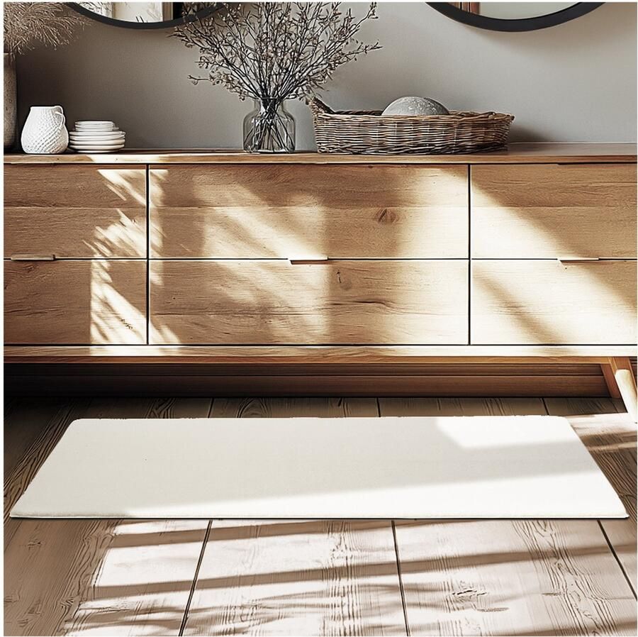 Tectake Kortpolig Vloerkleed 60 x 110 cm Creme Tapijt voor Woonkamer Slaapkamer Eetkamer Onderhoudsvriendelijk en Wasbaar Antislip Ondertapijt Allergievriendelijk maten en kleuren