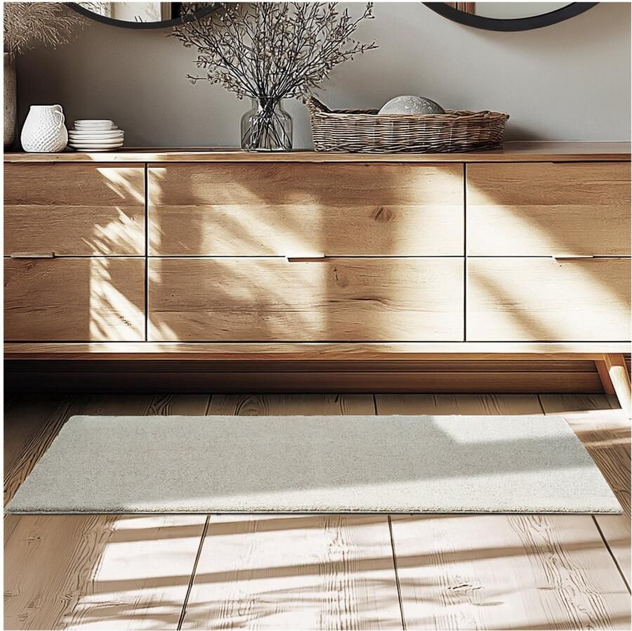 Tectake Kortpolig Vloerkleed 60 x 110 cm Zandkleur Tapijt voor Woonkamer Slaapkamer Eetkamer Onderhoudsvriendelijk en Wasbaar Antislip Ondertapijt Allergievriendelijk maten en kleuren