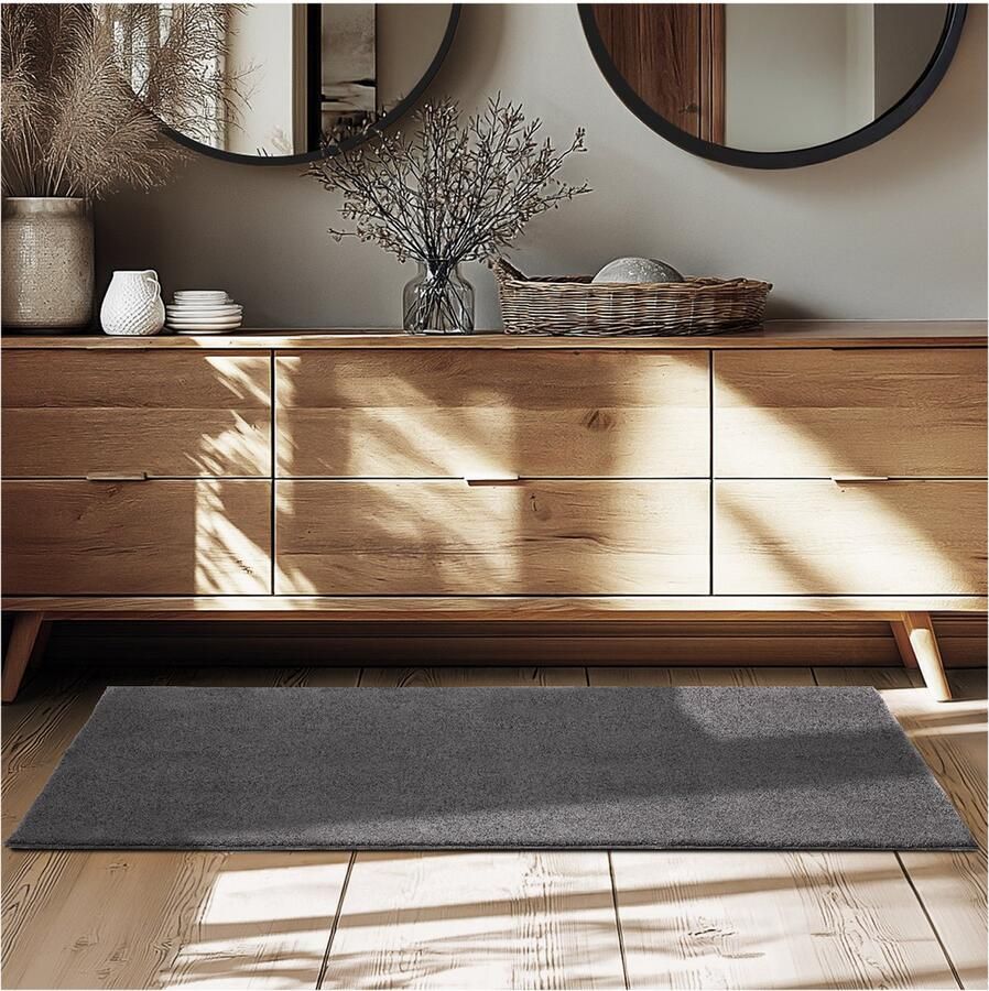 Tectake Kortpolig Vloerkleed 80 x 150 cm Antraciet Tapijt voor Woonkamer Slaapkamer Eetkamer Onderhoudsvriendelijk en Wasbaar Antislip Ondertapijt Allergievriendelijk maten en kleuren
