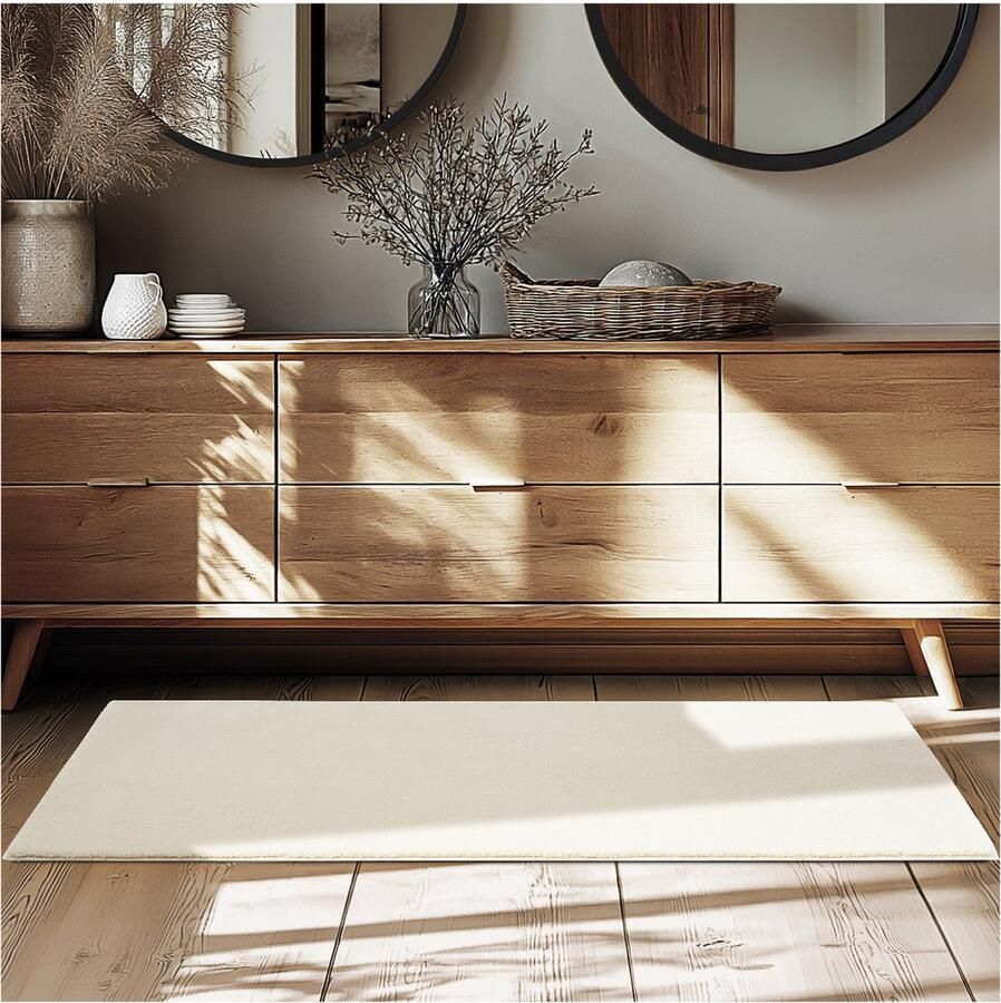 Tectake Kortpolig Vloerkleed 80 x 150 cm Beige Tapijt voor Woonkamer Slaapkamer Eetkamer Onderhoudsvriendelijk en Wasbaar Antislip Ondertapijt Allergievriendelijk maten en kleuren