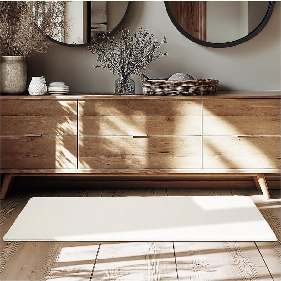 Tectake Kortpolig Vloerkleed 80 x 150 cm Creme Tapijt voor Woonkamer Slaapkamer Eetkamer Onderhoudsvriendelijk en Wasbaar Antislip Ondertapijt Allergievriendelijk maten en kleuren