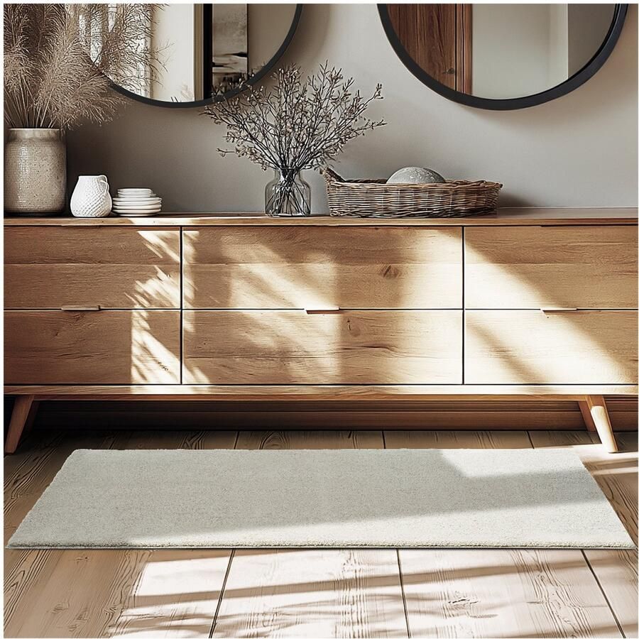 Tectake Kortpolig Vloerkleed 80 x 150 cm Zandkleur Tapijt voor Woonkamer Slaapkamer Eetkamer Onderhoudsvriendelijk en Wasbaar Antislip Ondertapijt Allergievriendelijk maten en kleuren