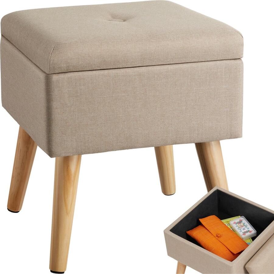 Tectake Kruk met opbergruimte Gevoerde zitting Afneembare deksel Praktisch opbergvak Houten poten Kruk in linnenlook Tot 300 kg belastbaar Afmeting (LxBxH) 32 5 x 32 5 x 36 5 cm Beige
