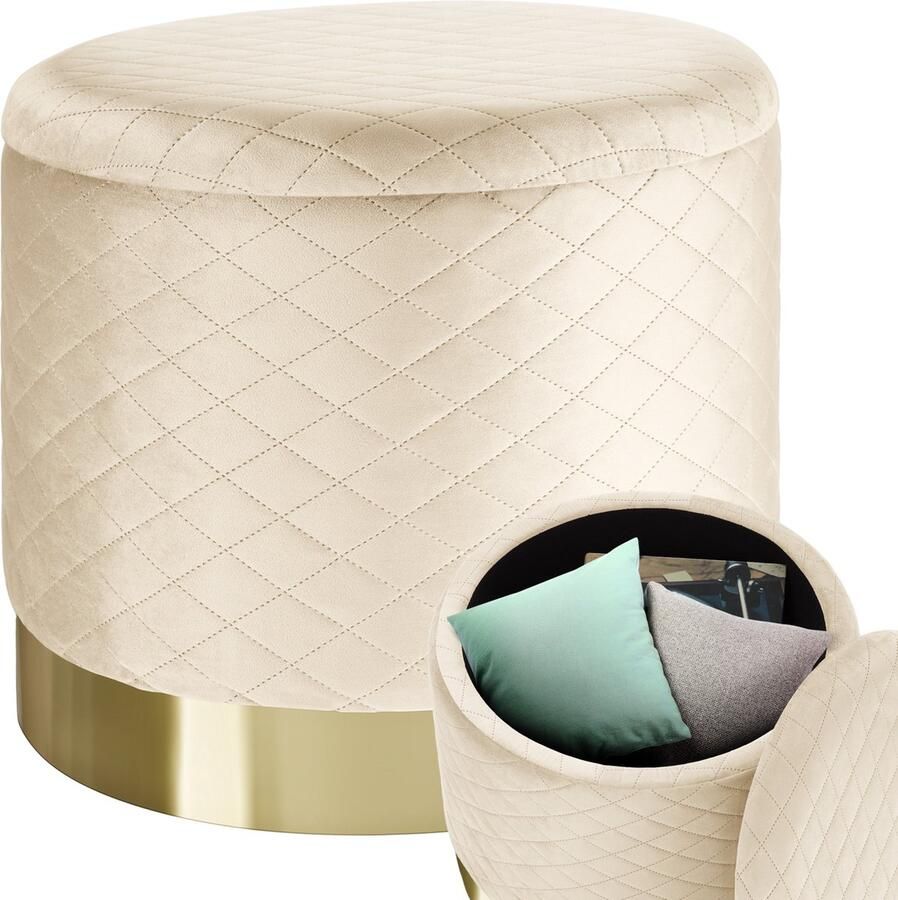 Tectake Kruk met opbergruimte Ronde poef met quiltpatroon van fluweelstof Tot 300 kg belastbaar Gewatteerd Afneembare deksel Groot opbergvak Sokkel in goudkleur Afmeting (ØxH) 51 x 44 5 cm Creme