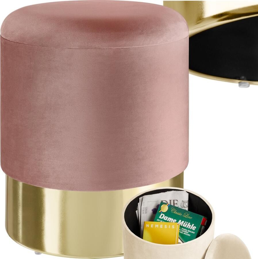 Tectake Kruk met opbergruimte Ronde poef van fluweelstof Tot 300 kg belastbaar Gewatteerd Afneembare deksel Groot opbergvak Sokkel in goudkleur Afmeting (ØxH) 36 x 44 5 cm Roze