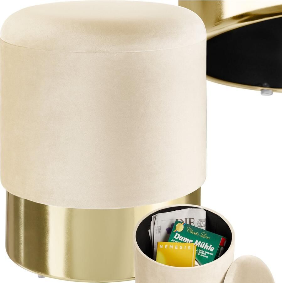 Tectake Kruk met opbergruimte Ronde poef van fluweelstof Tot 300 kg belastbaar Gewatteerd Afneembare deksel Groot opbergvak Sokkel in goudkleur Afmeting (ØxH) 36 x 44 5 cm Crème