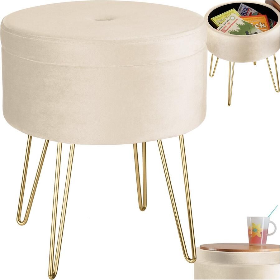 Tectake Kruk met opbergruimte Ronde poef van fluweelstof Tot 300 kg belastbaar Gewatteerd Afneembare deksel Groot opbergvak Goudkleurige poten Afmeting (ØxH) 37 5 x 44 5 cm Crème - Foto 2